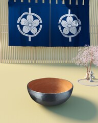Japanese style curtain background, a bowl and sakura