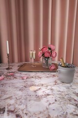 3D render interior room, red roses with 2 glasses of champagne, candle lights and bracket of ice on marble table