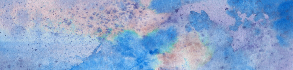 Banner for design painted with watercolors. Paper texture. Abstract watercolor background in blue and purple hues.