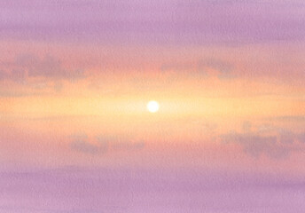Painted sun on the horizon. Abstract watercolor background, sunset in the sea. The seascape is painted in watercolor on paper.