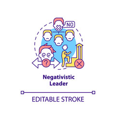 Negativistic leader concept icon. Unable to say no. Type of toxic leader abstract idea thin line illustration. Isolated outline drawing. Editable stroke. Arial, Myriad Pro-Bold fonts used