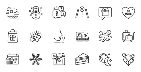 Outline set of Travel loan, Be mine and Balloons line icons for web application. Talk, information, delivery truck outline icon. Include Sleep, Holidays shopping, Luggage trolley icons. Vector