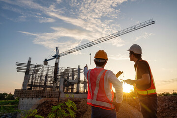 Asian two construction engineers supervising progress of construction project and crane background.