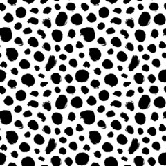 Grunge spots hand drawn vector seamless pattern. Ink dirty circles texture. Black circles and blots with texture. Abstract monochrome background. Skin animal drawn. Simple messy blobs. Black paint
