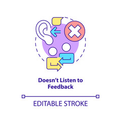 Does not listen to feedback concept icon. Disregarding opinion. Toxic leader trait abstract idea thin line illustration. Isolated outline drawing. Editable stroke. Arial, Myriad Pro-Bold fonts used