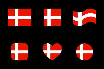 Denmark flag icons vector set. Flag of Denmark on black background