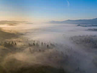 Fototapeta premium Morning fog in the Ukrainian Carpathians. Aerial drone view.