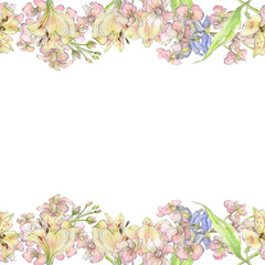 Obraz na płótnie Canvas Watercolor border with i illustration of pastel pink, yellow, purple flowers, green leaves drawn by hand in a botanical way on white background. Flower composition with copyspace.