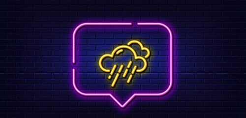 Neon light speech bubble. Rainy weather forecast line icon. Clouds with rain sign. Cloudy sky symbol. Neon light background. Rainy weather glow line. Brick wall banner. Vector