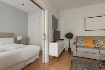 Apartment with living room with sofa and tv separated from a bedroom by white wooden sliding doors