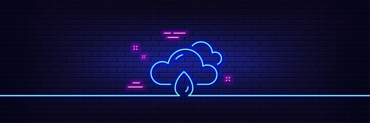 Neon light glow effect. Rainy weather forecast line icon. Clouds with rain sign. Cloudy sky symbol. 3d line neon glow icon. Brick wall banner. Rainy weather outline. Vector