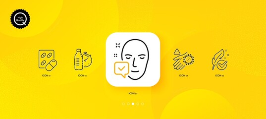 Fototapeta na wymiar Wash hand, Hypoallergenic tested and Fitness water minimal line icons. Yellow abstract background. Capsule pill, Face accepted icons. For web, application, printing. Vector