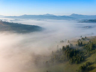 Morning fog in the Ukrainian Carpathians. Aerial drone view.