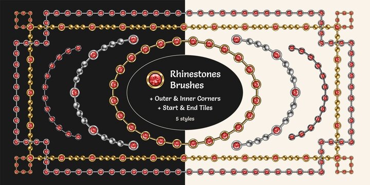 Pattern brushes with red ruby rhinestones and metal beads. Chain brushes with corners, end and start tiles. Gold and silver version. Isolated on white and black background.