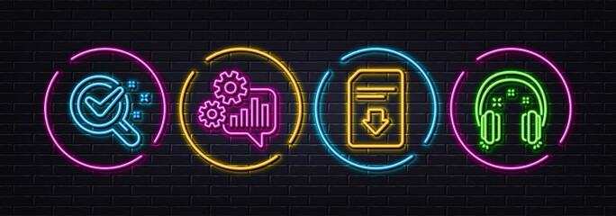 Download file, Cogwheel and Chemistry lab minimal line icons. Neon laser 3d lights. Headphones icons. For web, application, printing. Load document, Engineering tool, Lab research. Earphones. Vector
