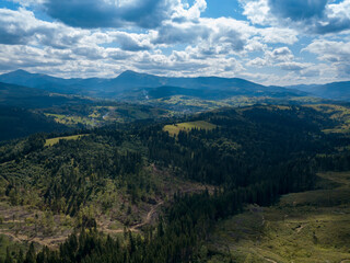 Green mountains of Ukrainian Carpathians in summer. Coniferous trees on the slopes. Aerial drone view.