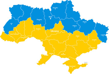 Geographical map of Ukraine with the borders of its constituent regions and the names of the main cities, a vector with the possibility of repainting each region
