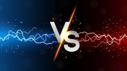 Versus banner with fire sparkling and lightning strikes, isolated on red and blue background, easy to edit. Vector illustration