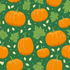 pumpkin seamless pattern on green background. Pumpkin, leaves, seeds. Flat, vector