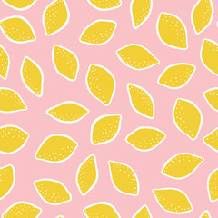 Yellow lemon seamless pattern print pink background. Fun spring summer vector illustration. Great for kids and home decor projects. Surface pattern design by Claudia Orengo from heartmade.es