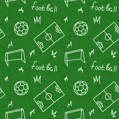 Football doodle seamless pattern with ball, field, gate and grass. Line art, vector