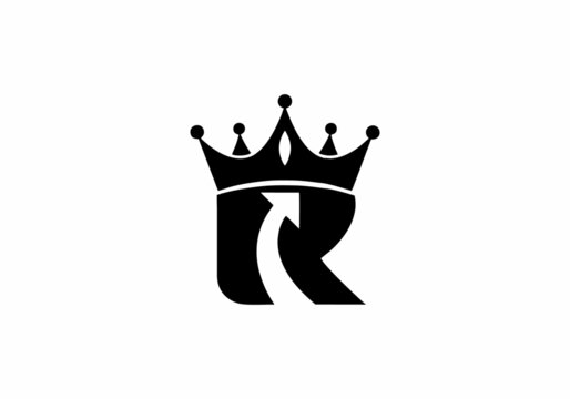 Black R initial letter with crown and arrow  logo design