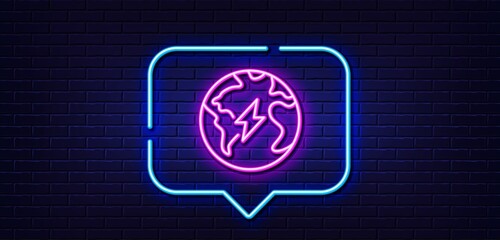 Neon light speech bubble. Electricity line icon. Electric power energy sign. Lightning bolt symbol. Neon light background. Electricity glow line. Brick wall banner. Vector