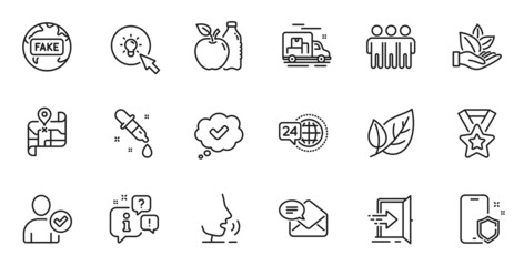 Outline set of Phone protect, Apple and Approved line icons for web application. Talk, information, delivery truck outline icon. Include New mail, Map, 24h service icons. Vector