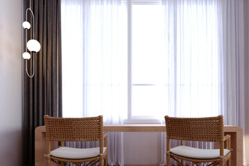 3d rendering,3d illustration, Interior Scene and  Mockup,Sitting and working corner overlooking the window, two handcrafted chairs, a large table, curved corners.