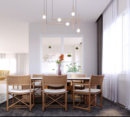 3d rendering,3d illustration, Interior Scene and  Mockup,Tropical minimalist style dining room, handcrafted rattan chairs.