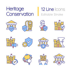 Heritage conservation RGB color icons set. Historical objects protection program. Isolated vector illustrations. Simple filled line drawings collection. Editable stroke. Quicksand-Light font used