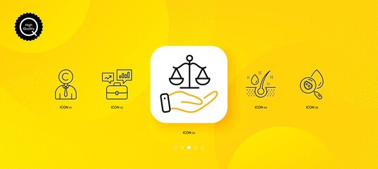 Fototapeta na wymiar Copyrighter, Business portfolio and Justice scales minimal line icons. Yellow abstract background. Water analysis, Serum oil icons. For web, application, printing. Vector