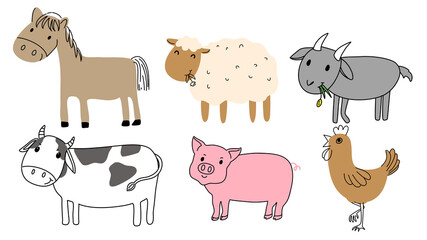 Obraz premium cute doodle line art cartoon of farm animal ; horse, sheep, goat, cow, pig, chicken.