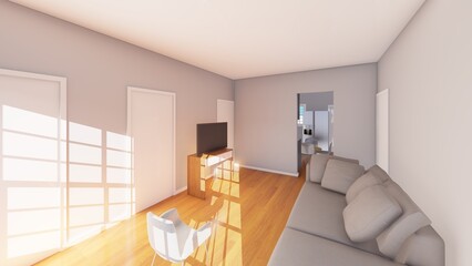 3D render of 2 bedroom apartment with 1 bathroom