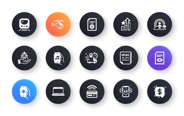 Minimal set of Health app, Express delivery and Notebook flat icons for web development. Technical documentation, Lgbt, View document icons. Augmented reality, Helicopter. Vector
