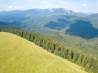 Green mountains of Ukrainian Carpathians in summer. Sunny day, rare clouds. Aerial drone view.