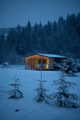 Beautiful cabin situated among the winter Carpathian Mountains