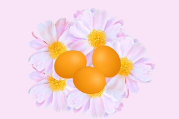 Beautiful Easter background with pink peony flowers and yellow Easter eggs on a light pink isolated background