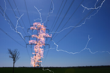 burning electricity pylon with many bright lightnings electricity prices increase due to inflation