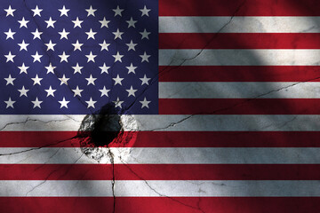 American flag with big crack or bullet hole. Military conflict and war in country concept background