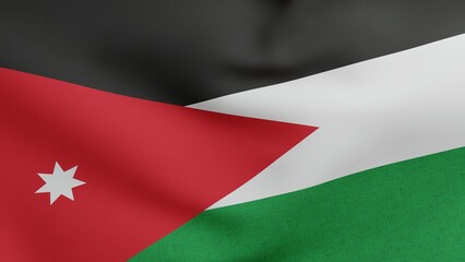 Naklejka premium National flag of Jordan waving 3D Render, kingdom jordan flag textile used Pan-Arab Colors, similar Flag of the Arab Revolt