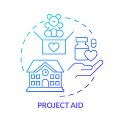 Project aid blue gradient concept icon. Overseas aid abstract idea thin line illustration. Support for specific purpose. Provide building materials. Isolated outline drawing. Myriad Pro-Bold font used