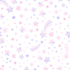 Pink blue starry outer space with fallen stars vector seamless pattern. Girlish Celestial sweet dreams galaxy background. Pyjamas party good night surface design.