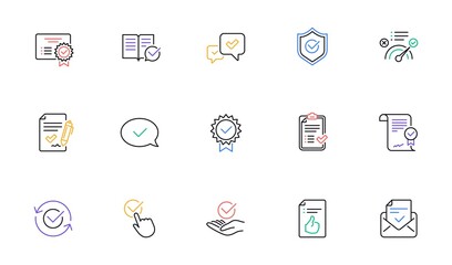 Approve line icons. Checklist, Certificate and Award medal. Thumbs up certified document linear icon set. Bicolor outline web elements. Vector