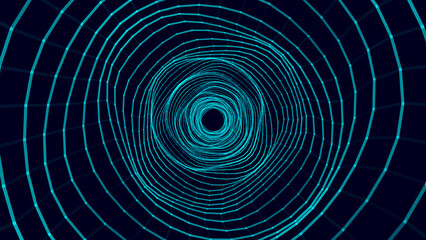 Cyber tunnel consisting of moving glowing points. Futuristic infinite space background. Concept of data transfer in cyberspace. Hi-tech illustration. Vector illustration.