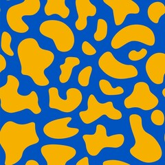 Cow print seamless pattern. Abstract shapes background, animal skin fashion texture for fabric, wallpaper. Vector illustration blue yellow