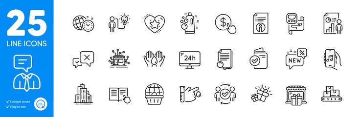 Outline icons set. Time management, Read instruction and Blood donation icons. Distribution, New, Business idea web elements. Buy currency, Verification document, Gift shop signs. Vector