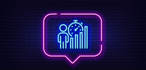 Neon light speech bubble. Business statistics line icon. Meeting report sign. Employees working results symbol. Neon light background. Business statistics glow line. Brick wall banner. Vector