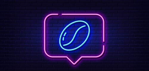 Neon light speech bubble. Coffee beans line icon. Tasty seed sign. Vegan drink symbol. Neon light background. Coffee beans glow line. Brick wall banner. Vector