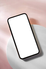 Smartphone with blank black screen. Mobile phone with a round geometric shape. Device screen mockup...